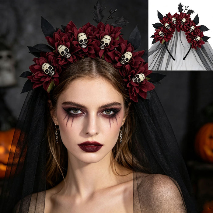 Wholesale Dark Style  Witch Mesh Headband With Skull Buckle And Faux Flower For Party Costume Accessory Resale