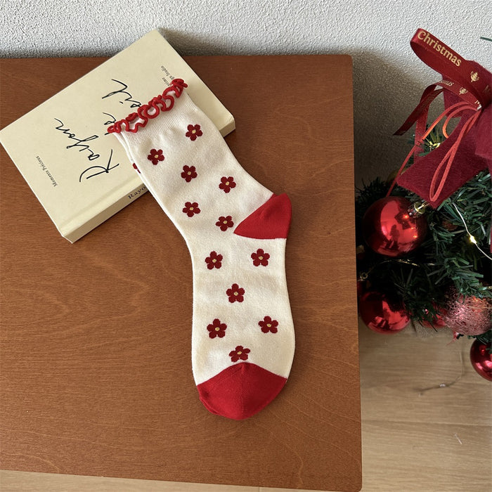 Wholesale Red Socks Children's Middle Socks Flower Bow Pile Cotton Socks