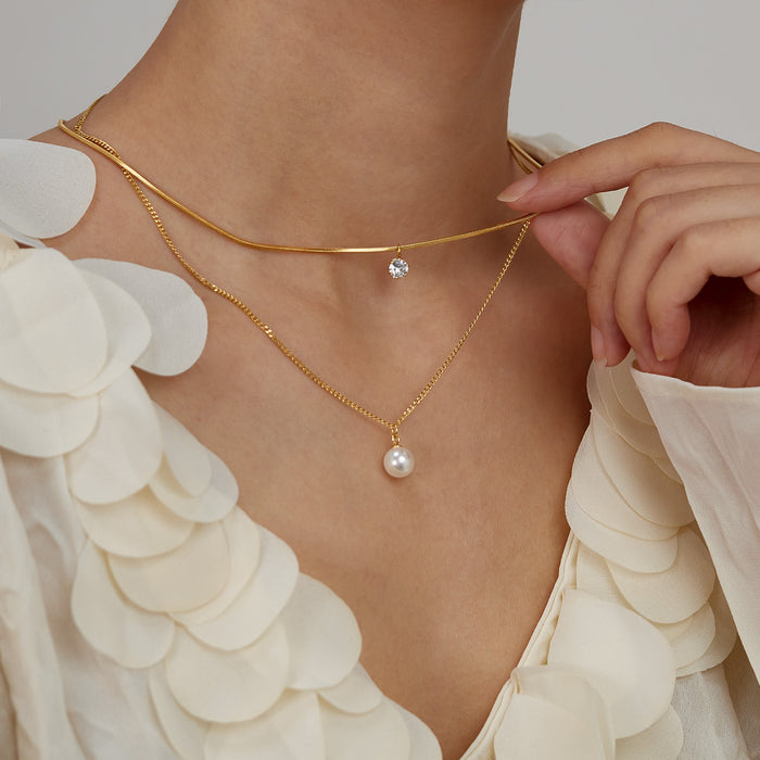 Wholesale Fashion necklace stainless steel temperament commuting pearl zircon double-layer layered collarbone chain
