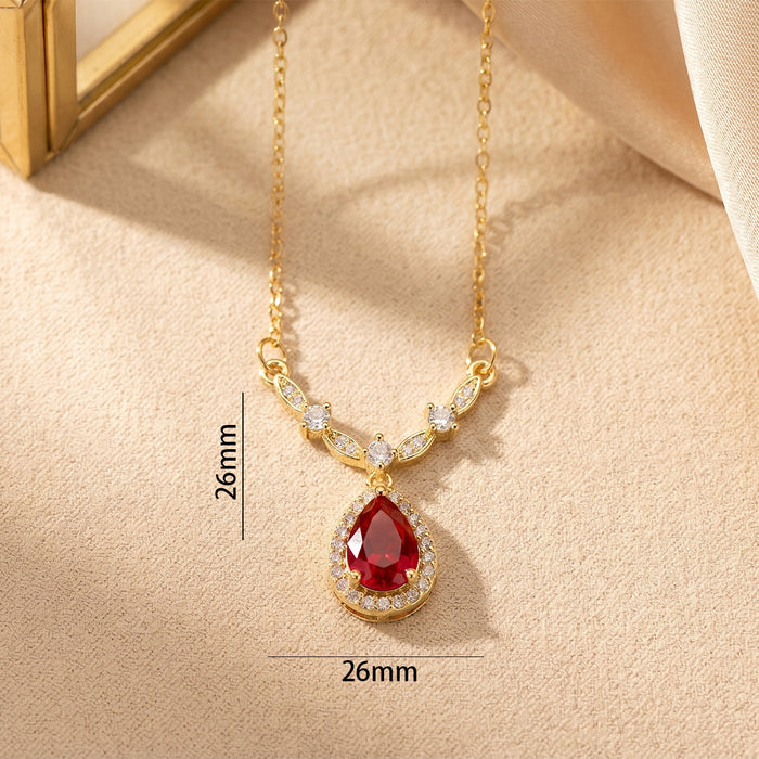Wholesale Titanium Steel Gold Plated Teardrop Pendant Necklace with Red Cubic Zirconia MOQ≥2