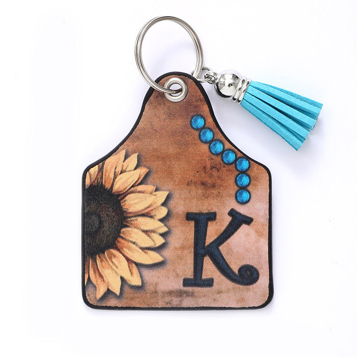 Wholesale Leather Sunflower Letter Tassel Keychain Pendant