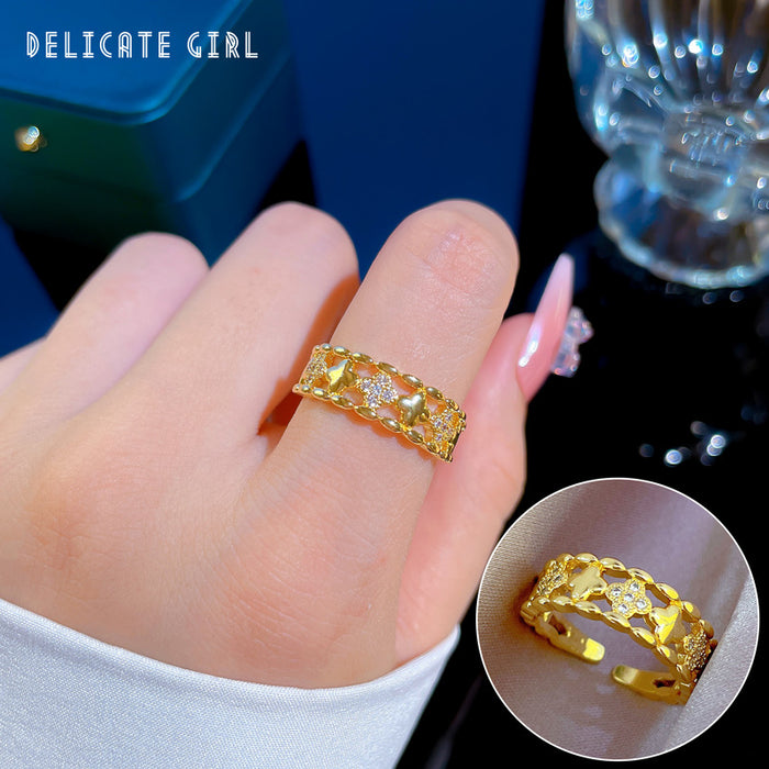 Wholesale Real Gold Electroplated Design Geometric Diamond Round Bead Ring Female Cold Style Open Ring JDC-RS-LG004