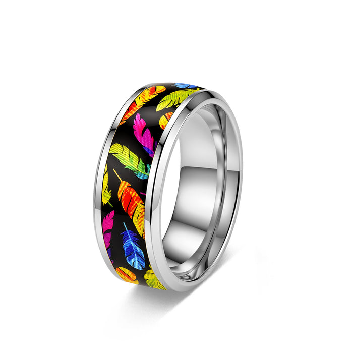 Wholesale Rainbow Feather Stainless Steel Ring Fashion Jewelry Accessory