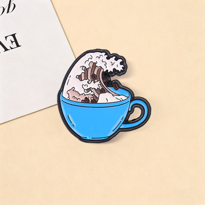 Wholesale Trendy Kanagawa Wave Coffee Cup Brooch Zinc Alloy Badge Bag Accessory