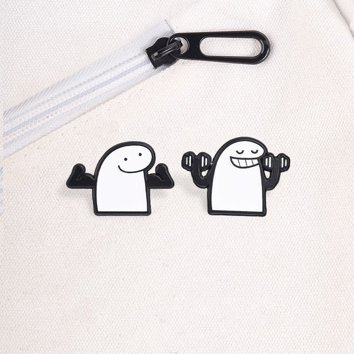 Wholesale Funny Weightlifting Cartoon Enamel Brooch Pin Black White Minimalist Design Fashion Accessory