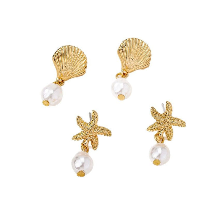 Wholesale 2 pairs of metal starfish pearl tassel ladies earrings earrings holiday style