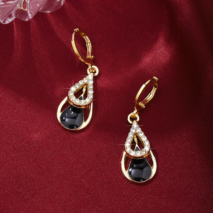 Wholesale High-grade Diamond-encrusted Water Drops Black Hollow Double-layer Earrings Women's
