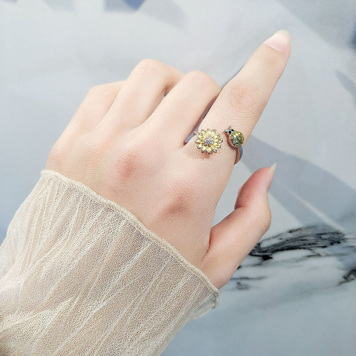 Wholesale Trendy Sunflower Ladybug Adjustable Ring White Gold Tone Copper Electroplated Finish Creative You Are My Sunshine Jewelry Accessory For Women