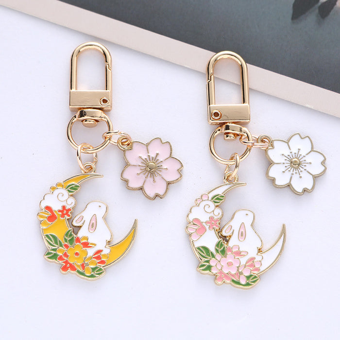 Wholesale Cherry Blossom Cute Moon Rabbit Pink Metal Keychain Bag Decoration