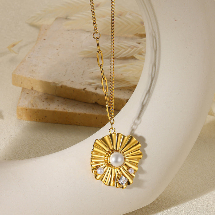 Wholesale Stainless Steel Vacation Ocean Imitation Pearl Jewelry Sunflower Necklace