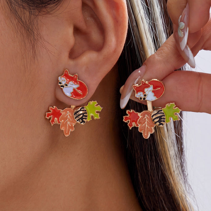 Wholesale Autumn Pumpkin Pinecone Maple Fox Dangle Earrings Drop Oil Double Layer Jewelry Accessory
