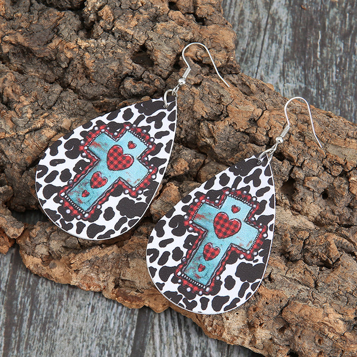 Wholesale Valentine's Day vintage water droplets dairy cross love leather earrings earrings