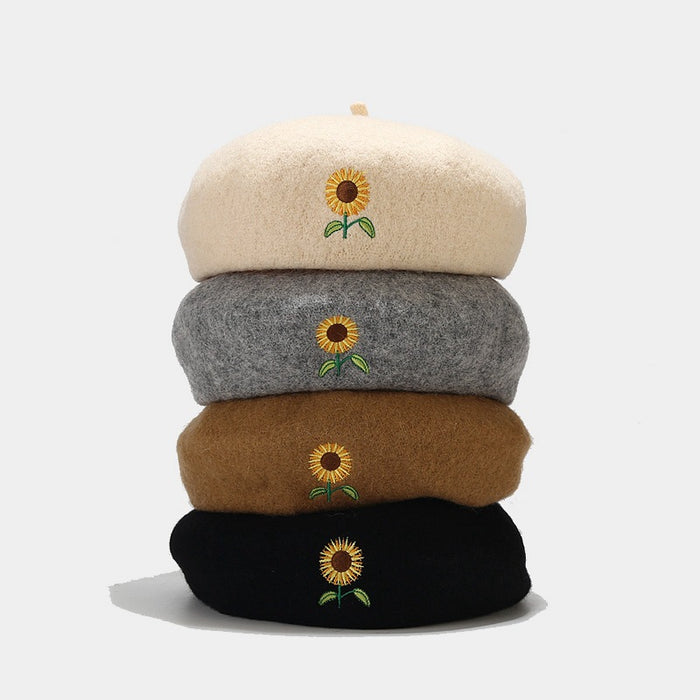Wholesale Artistic and retro sunflower embroidered beret fashionhat