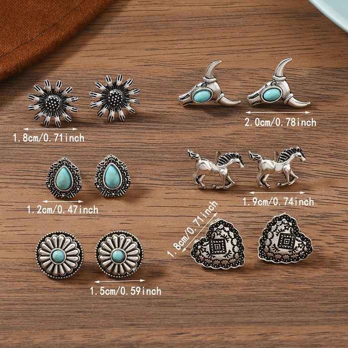 Wholesale Trendy Bohemian Turquoise Bull Head Flower Earrings For Women Alloy Handmade Jewelry Accessory Boutique Resale