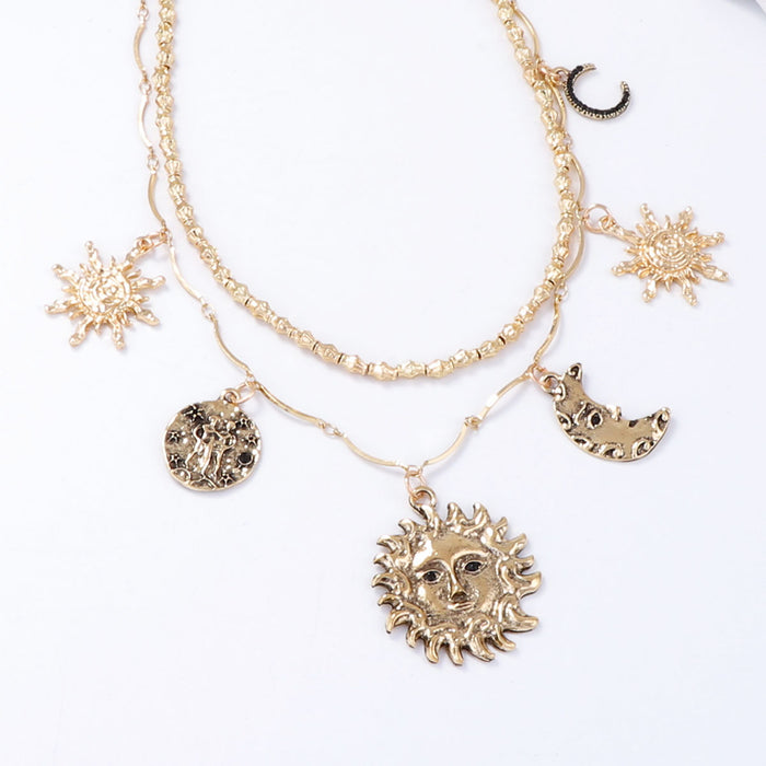 Wholesale Alloy Sun Moon Pendant Double Layer Overlapping Chain Women's Necklace