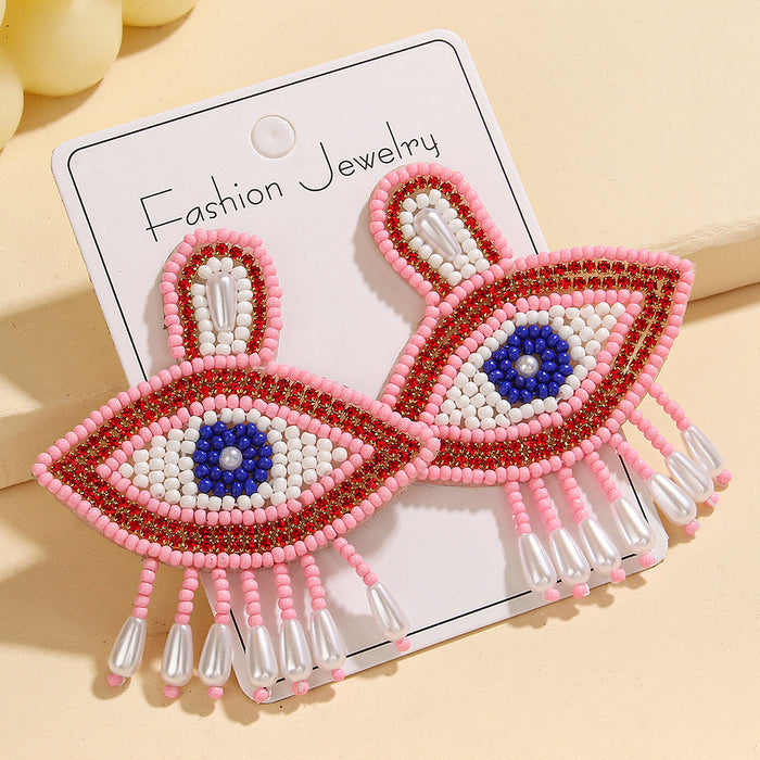 Wholesale Pink Devil' s Eye Rice Bead Earrings