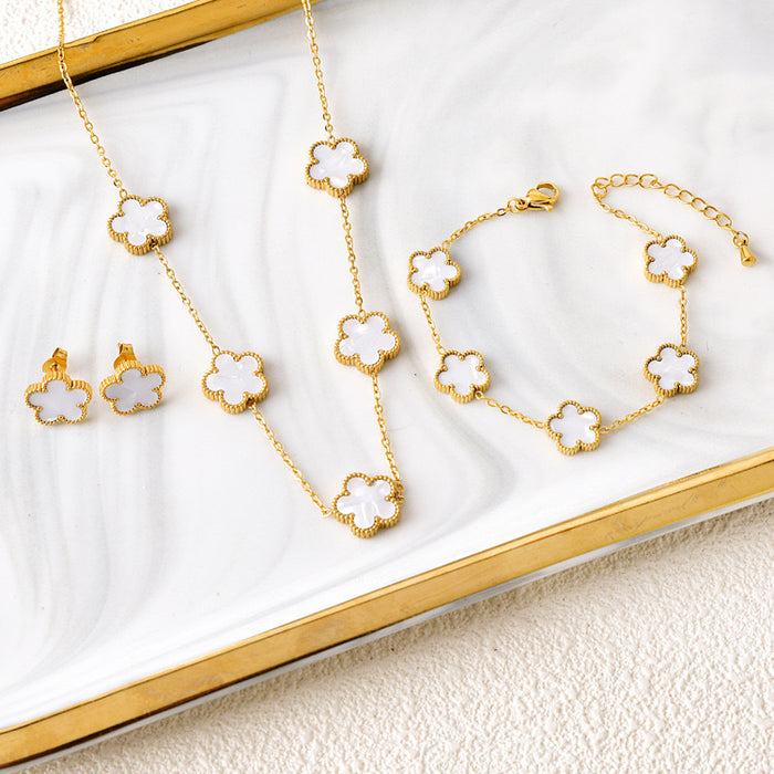 Wholesale Stainless Steel Five-Leaf Clover Bracelet Necklace Earring Set