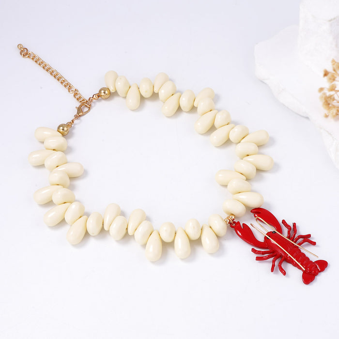 Wholesale Beaded Alloy Spray-Painted Lobster Pendant Necklace Women's Accessories
