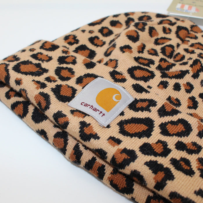 Wholesale Leopard Jacquard Fabric Label Wool Double Layer Folded Hem Knitted Hat JDC-FH-QingCL005