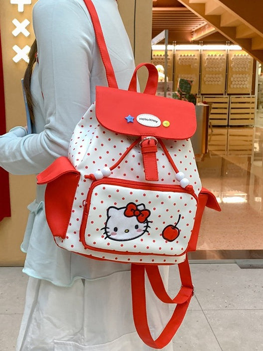 Wholesale Large capacity polka dot flap backpack with cute red kitten design