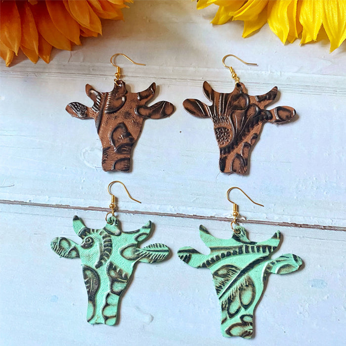 Wholesale Western genuine leather earrings European and American retro cow head cowhide embossed earrings