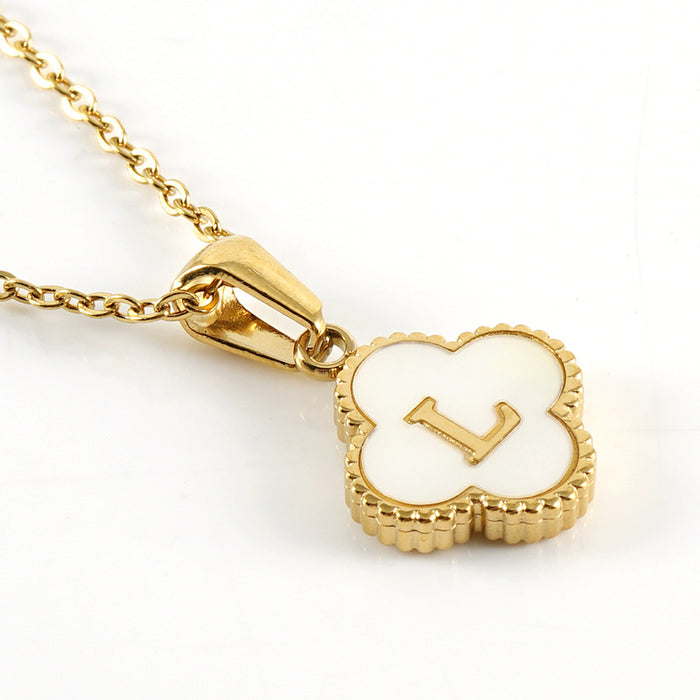 Wholesale Shell Letter Four Leaf Clover Pendant 18K Gold Stainless Steel Necklace JDC-NE-ZhongX005