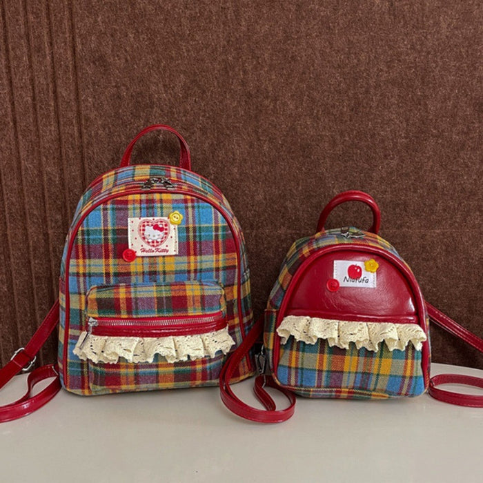 Wholesale Red plaid contrasting color lace trim large capacity backpack bags