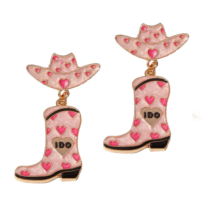 Wholesale Western Denim fashion creative alloy hat shoes drop oil Love earrings