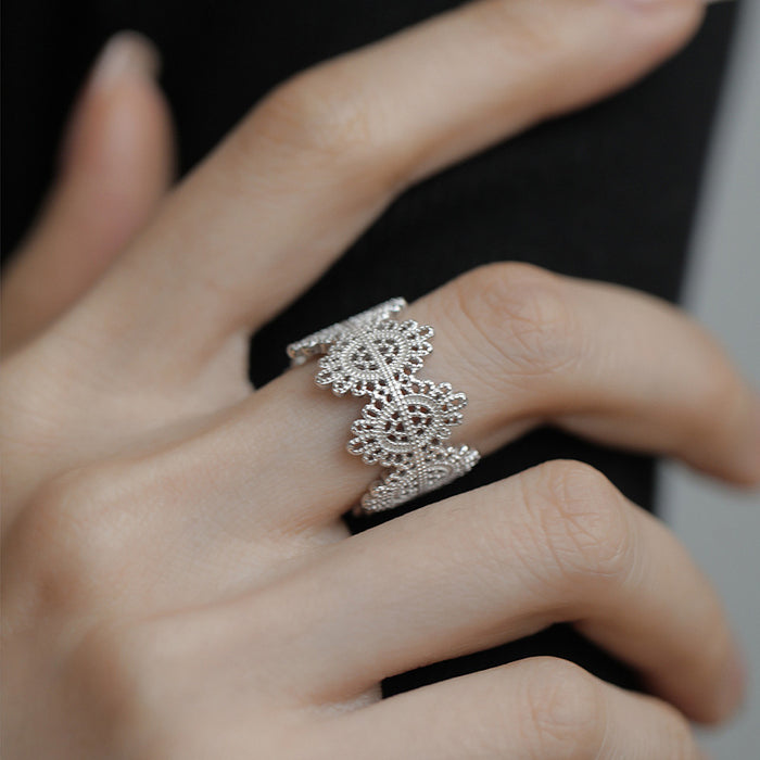 Wholesale Pure silver hollowed out lace ring with retro floral design, adjustable index finger ring