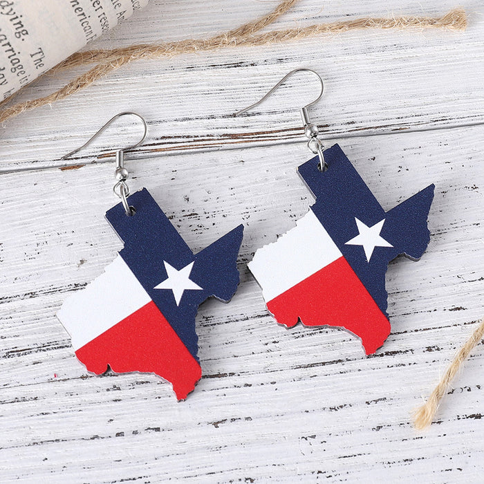 Wholesale Independence Day red,  white and blue stars Texas map state flag pendant wooden double-sided earrings