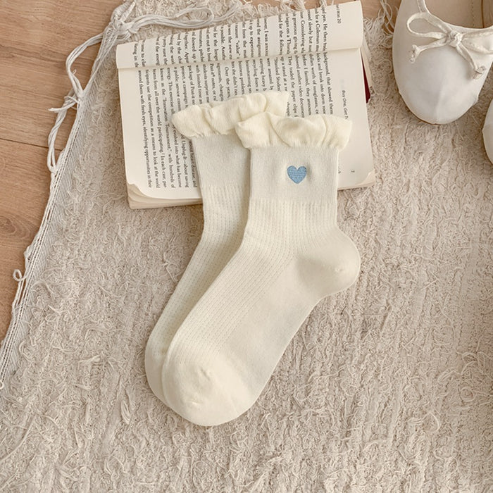 Wholesale Socks with heart-shaped embroidery, thin cotton bubble edge, short tube socks, boneless and breathable