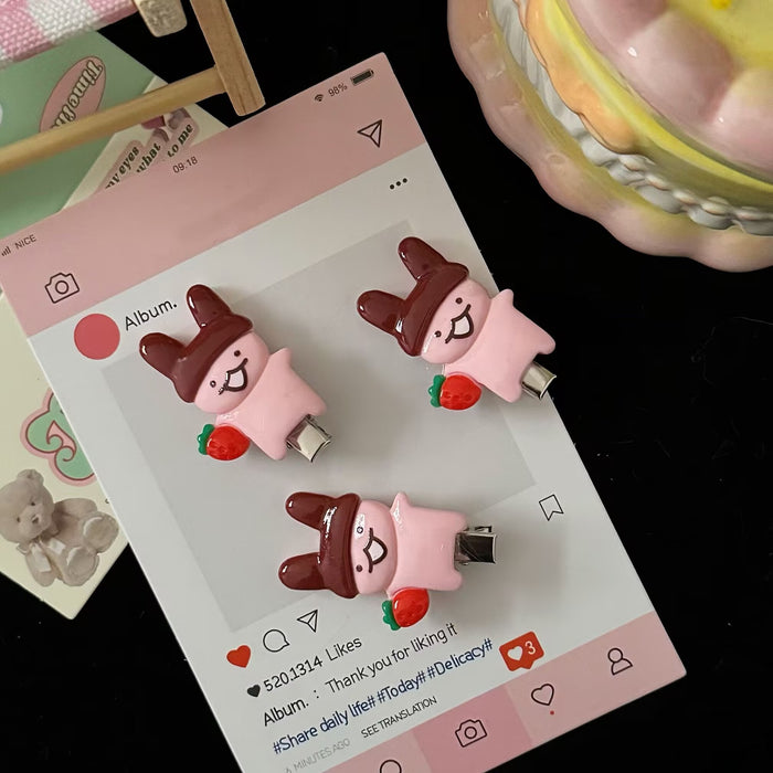Wholesale Cute Pink Strawberry Full Body Bunny Hairpin Sweet Childish Girl Style Side Duckbill Clip Hairpin Hair Accessories Clip