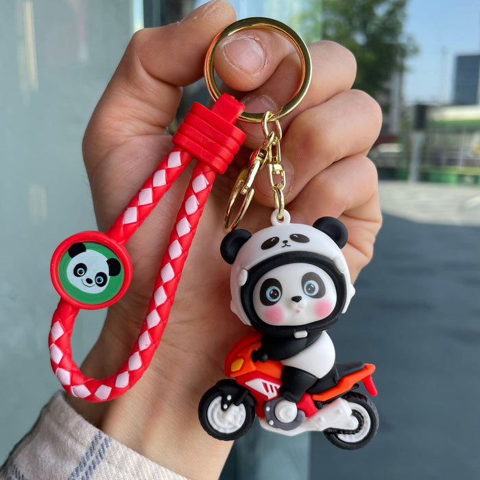 Wholesale Cartoon Motorcycle Panda Keychain 3D Doll Car Keychain Bag Pendant Hanging Decoration Baby Grabbing Machine Small Gift