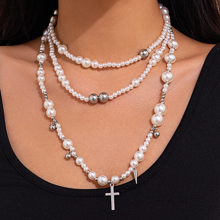 Wholesale Vintage multi-layer imitation pearl handmade necklace, personalized rivet pendant, accessory