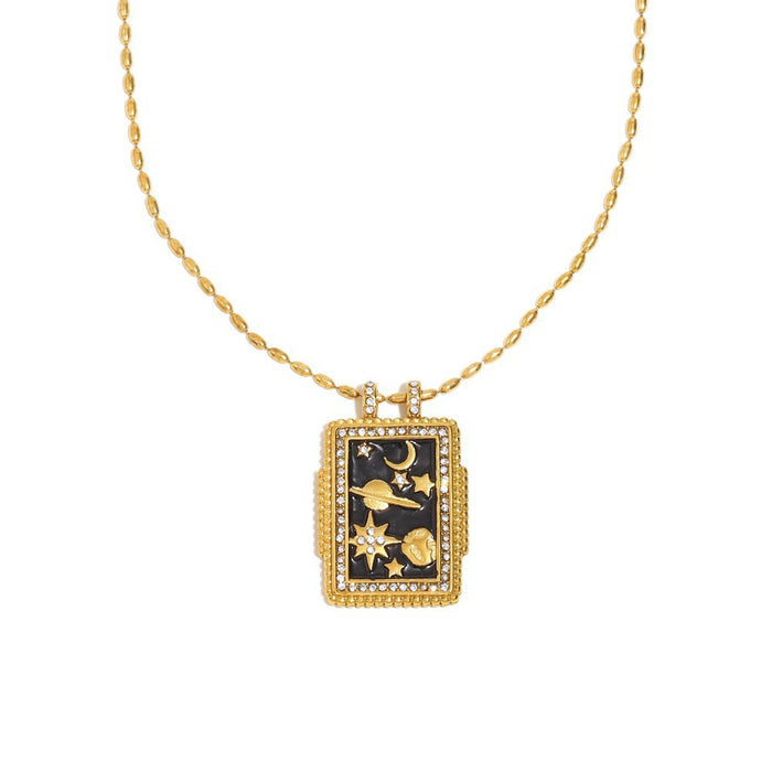 Wholesale Stainless steel jewelry trendy gold plated tarot card square pendant with dripping oil round flower necklace