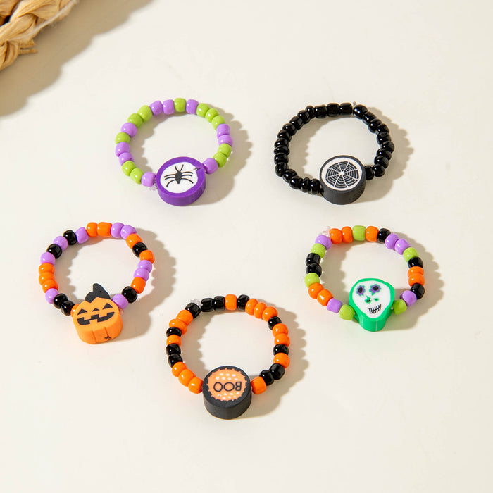 Wholesale Resin  Pumpkin Beaded Ring Set - Funny Skull  Design Unisex Fashion Accessory MOQ≥2
