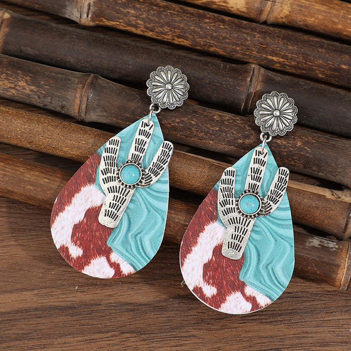 Wholesale Western style retro water droplet shaped printed pattern splicing cactus leather earrings and earrings
