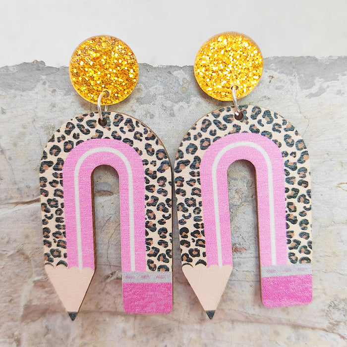 Wholesale 2 Pairs/Pack Wooden Printing Pencil U Shape Leopard Print Color Matching Earrings JDC-ES-HeYi072