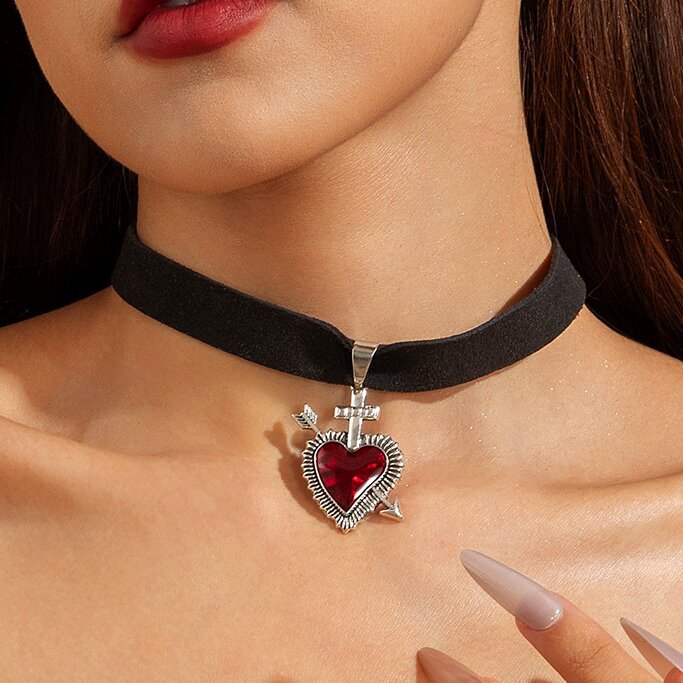 Wholesale Electroplated Zinc Alloy Cross Pendant Necklace Sweet Red Style  Gift MOQ≥2