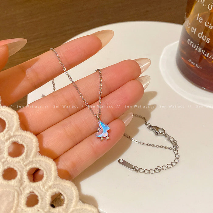 Wholesale Blue butterfly pendant necklace temperament zircon small star titanium steel necklace simple collarbone chain
