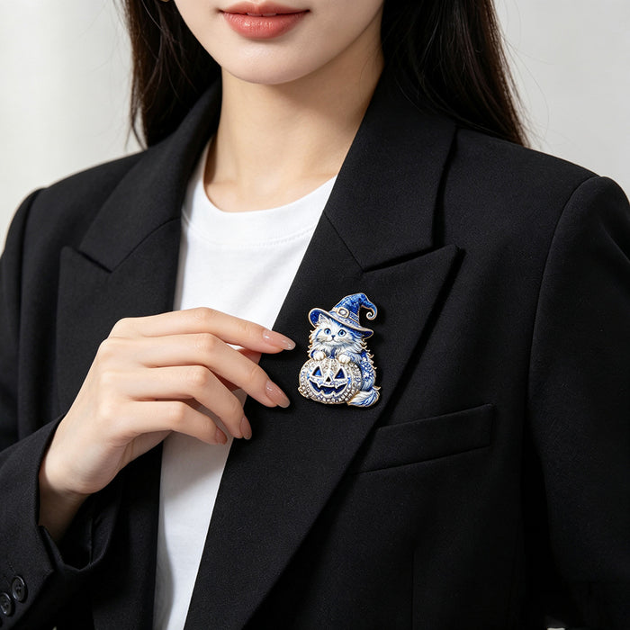 Wholesale  Witch Cat Brooch Two Tone Rhinestone Pin Party Jewelry Accessory For Resale