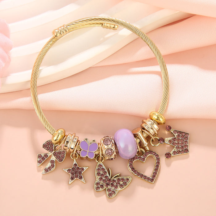 Wholesale Diamond-encrusted butterfly and heart beaded stainless steel bracelet