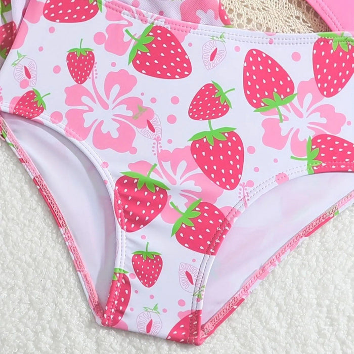 Wholesale Girls' and children's swimsuit one-piece gauze skirt two-piece set pink berry print pink tender princess vacation swimsuit