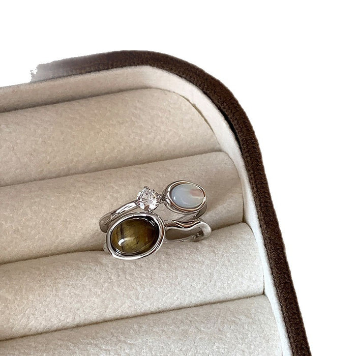 Wholesale Tiger' s Eye and Zircon Geometric Double-Layer Ring