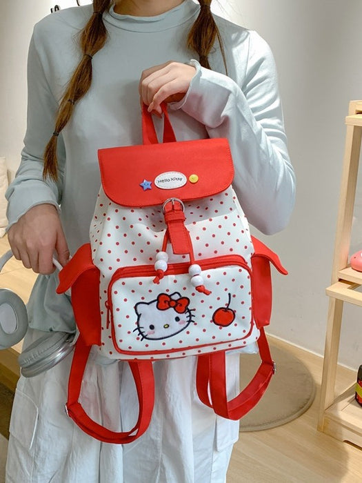 Wholesale Large capacity polka dot flap backpack with cute red kitten design