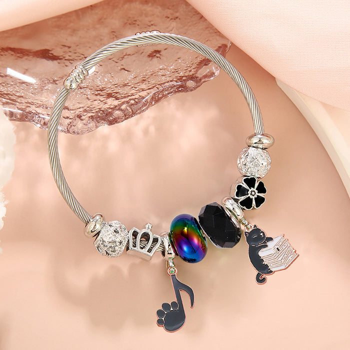 Wholesale Stainless Steel Plated Cartoon Black Cat Pendant Adjustable Bracelet for Women Party Wear