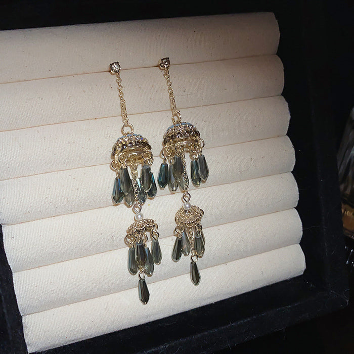 Wholesale Silver Needle Diamond Crystal Diamond Tassel Earrings High Sense Earrings Ethnic Style Retro Earrings