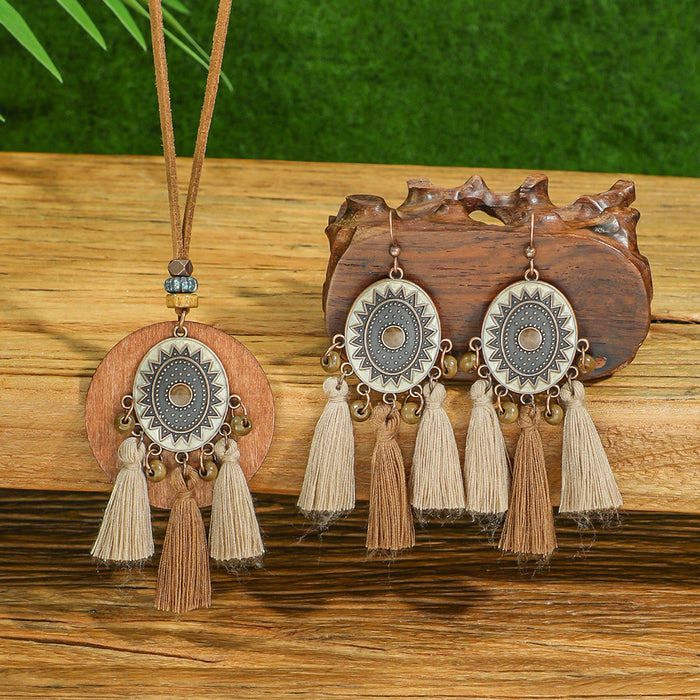 Wholesale Bohemian Handmade Tassel Earring and Necklace Set Alloy Geometric Circle Fashion MOQ≥2