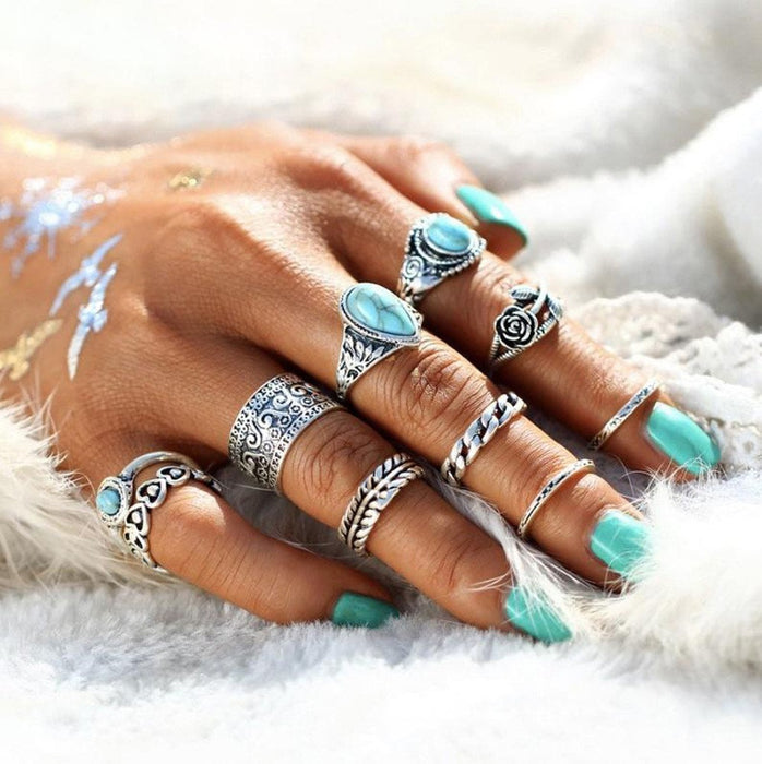 Wholesale Ethnic Style Retro Turquoise Carved Feather Ring Fashionable and Personalized 8-Piece Combination Ring Set