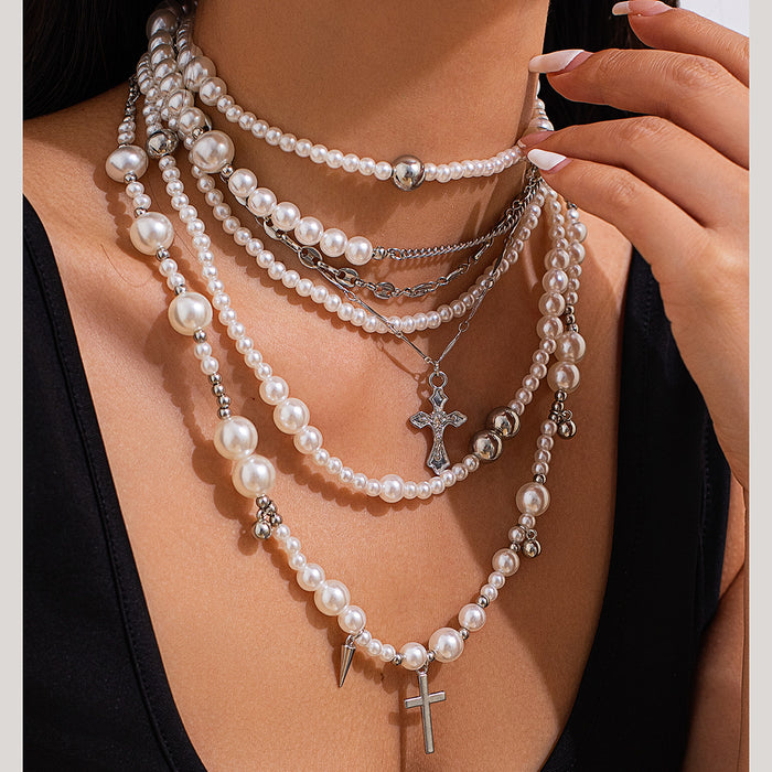 Wholesale Vintage multi-layer imitation pearl handmade necklace, personalized rivet pendant, accessory